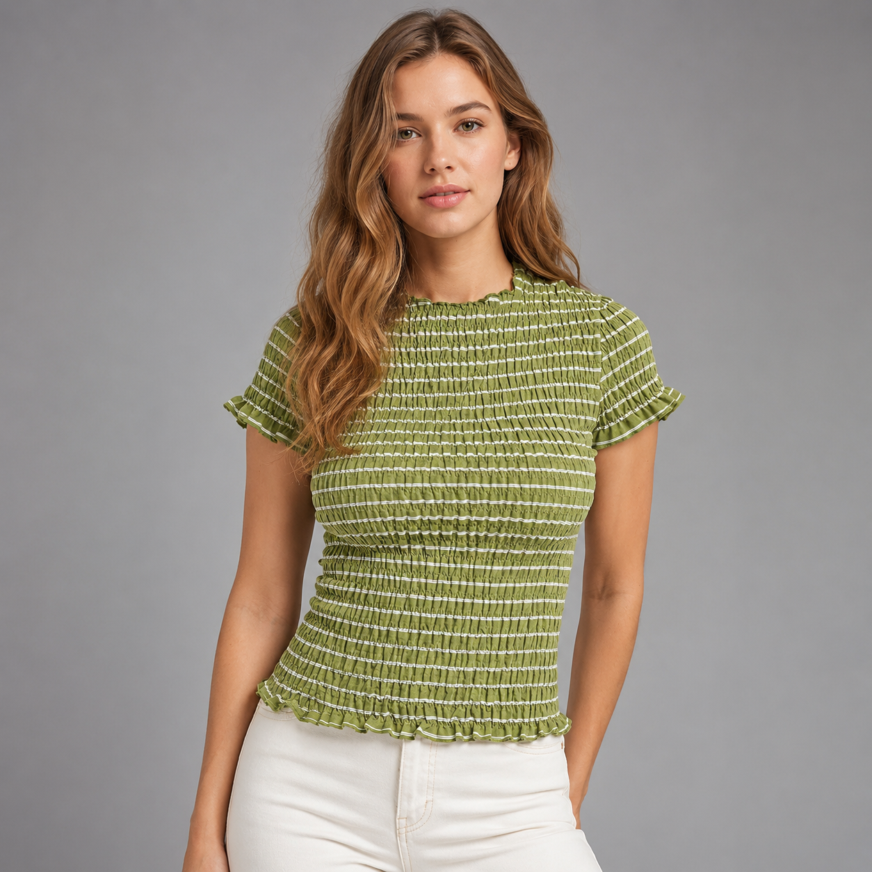 Women's Gingham Smocked Blouse – Slim Fit – Round Neck with Ruffle Short Sleeves – Summer Top