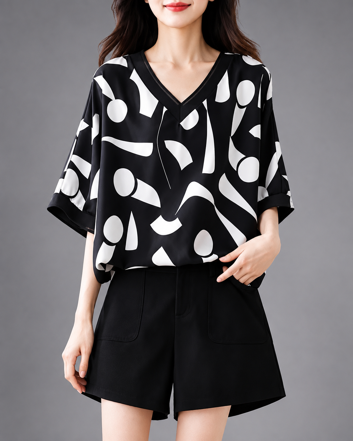 Women's Chiffon Blouse – V-Neck Print with Short Sleeves – Loose Fit for Summer