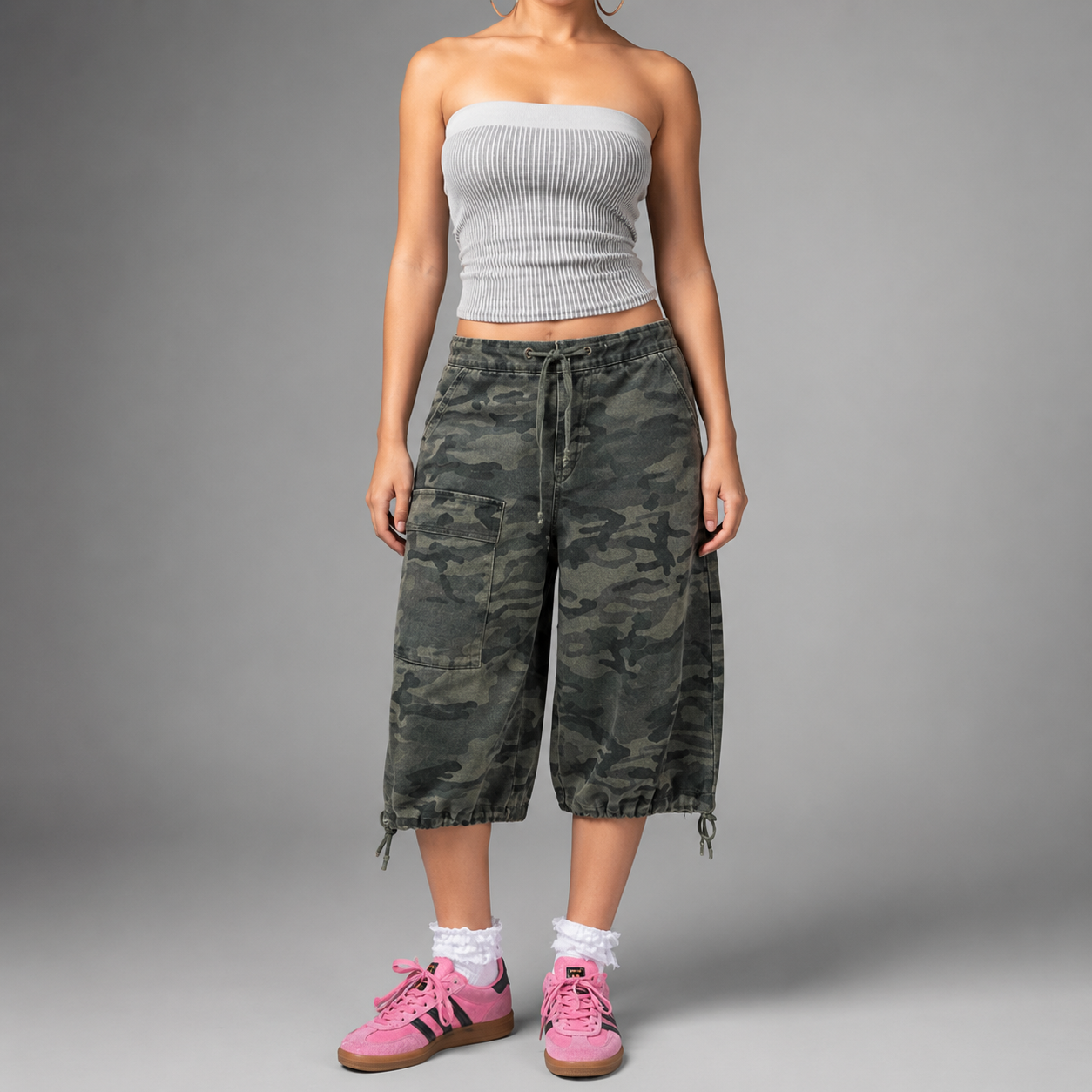 Women's Loose Fit Denim Cargo Shorts – Vintage Camouflage with Drawstring Closure