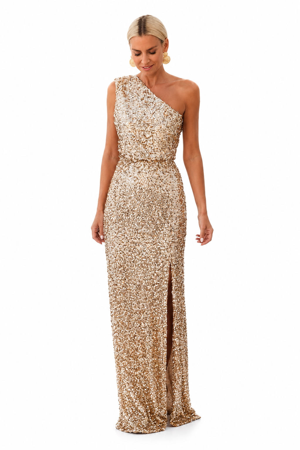 Women's Sequin Evening Dress – Off-Shoulder with Side Slit