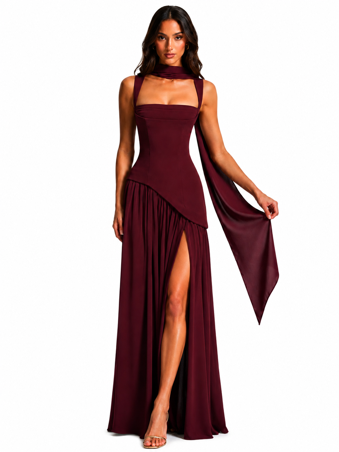 Women's Satin Feel Maxi Dress – Sculpted Bodice with Asymmetric Draped Skirt