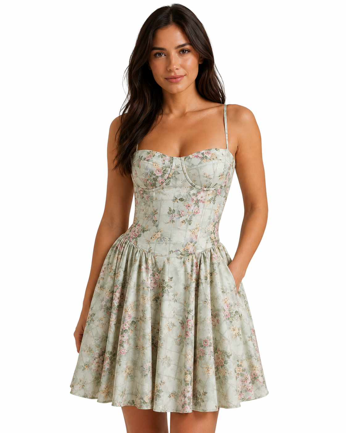 Women's Floral Midi Dress – Corset Style with Sweetheart Neckline