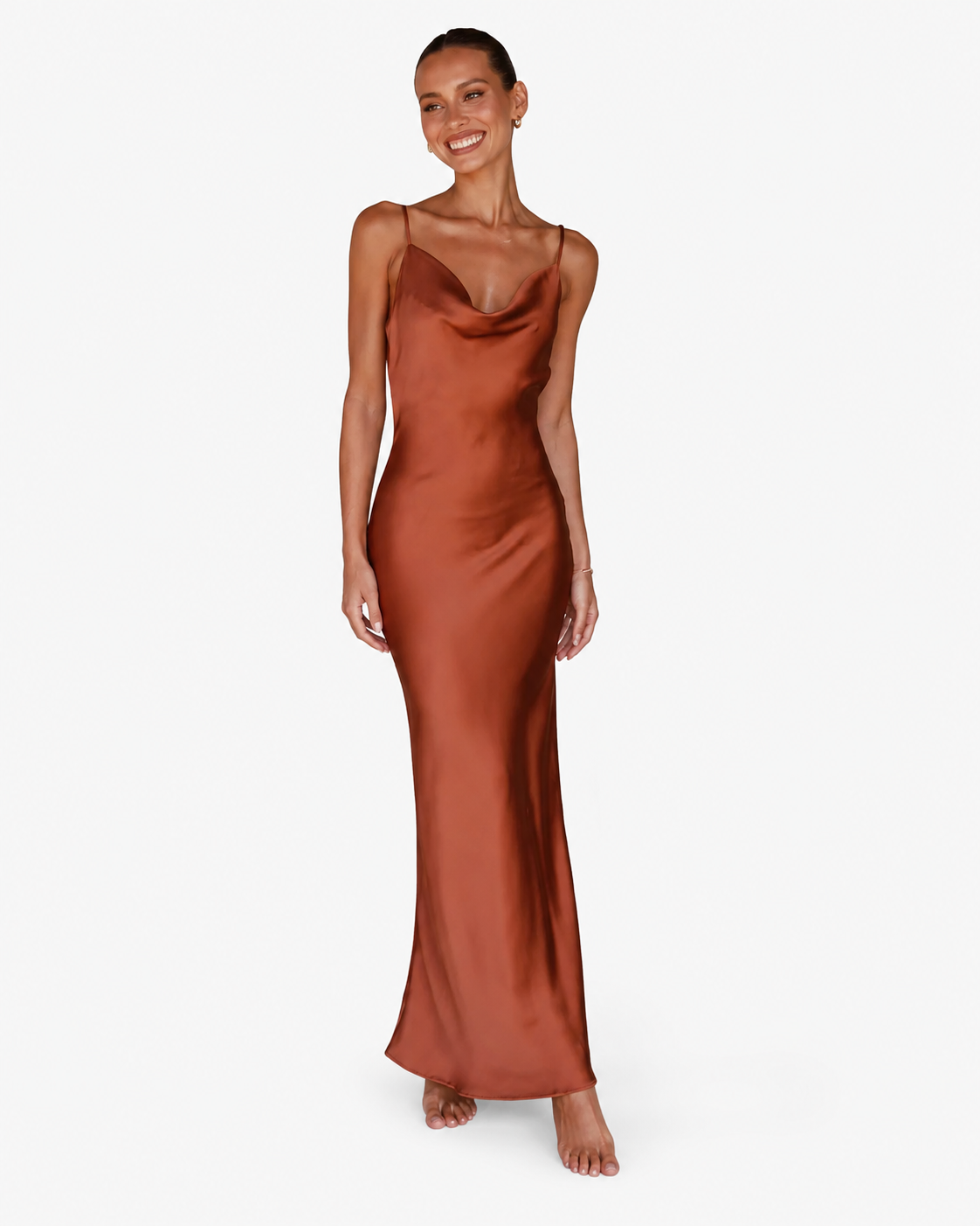 Women's Long Satin Dress – Cowl Neck with Adjustable Straps