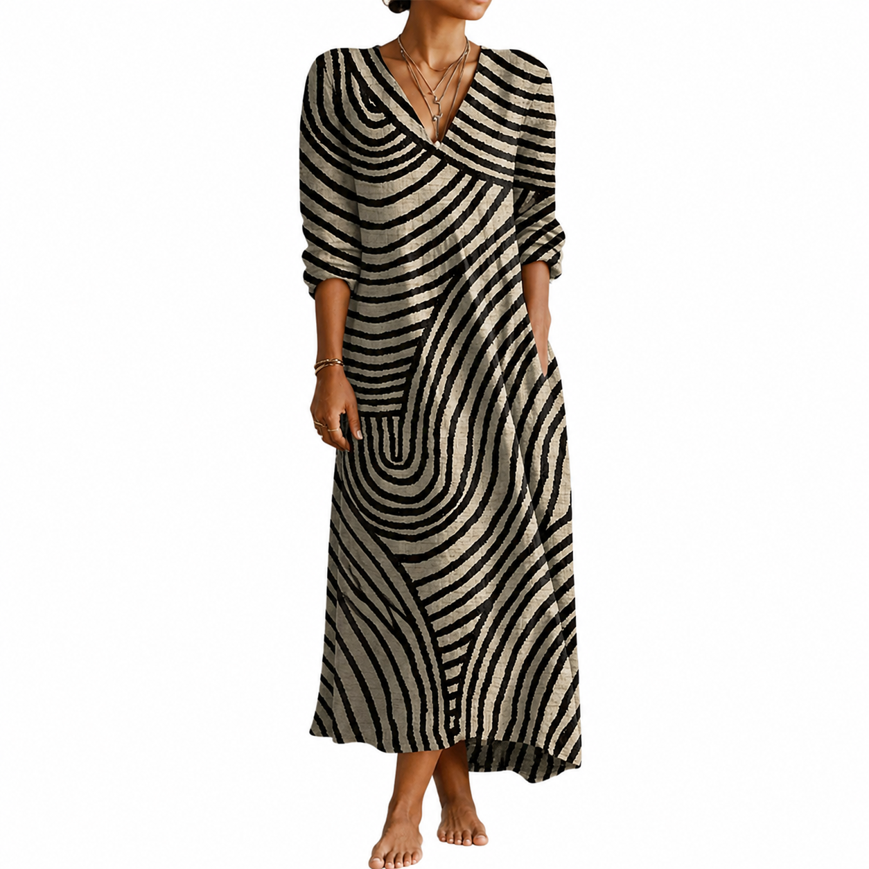 Women's Lightweight Linen Dress – Vintage Abstract Print, Relaxed Fit