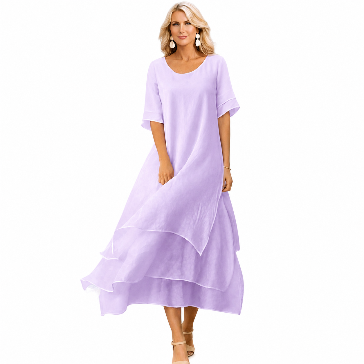 Women's Knee-Length Summer Dress – Open Neckline with Fluid Cut