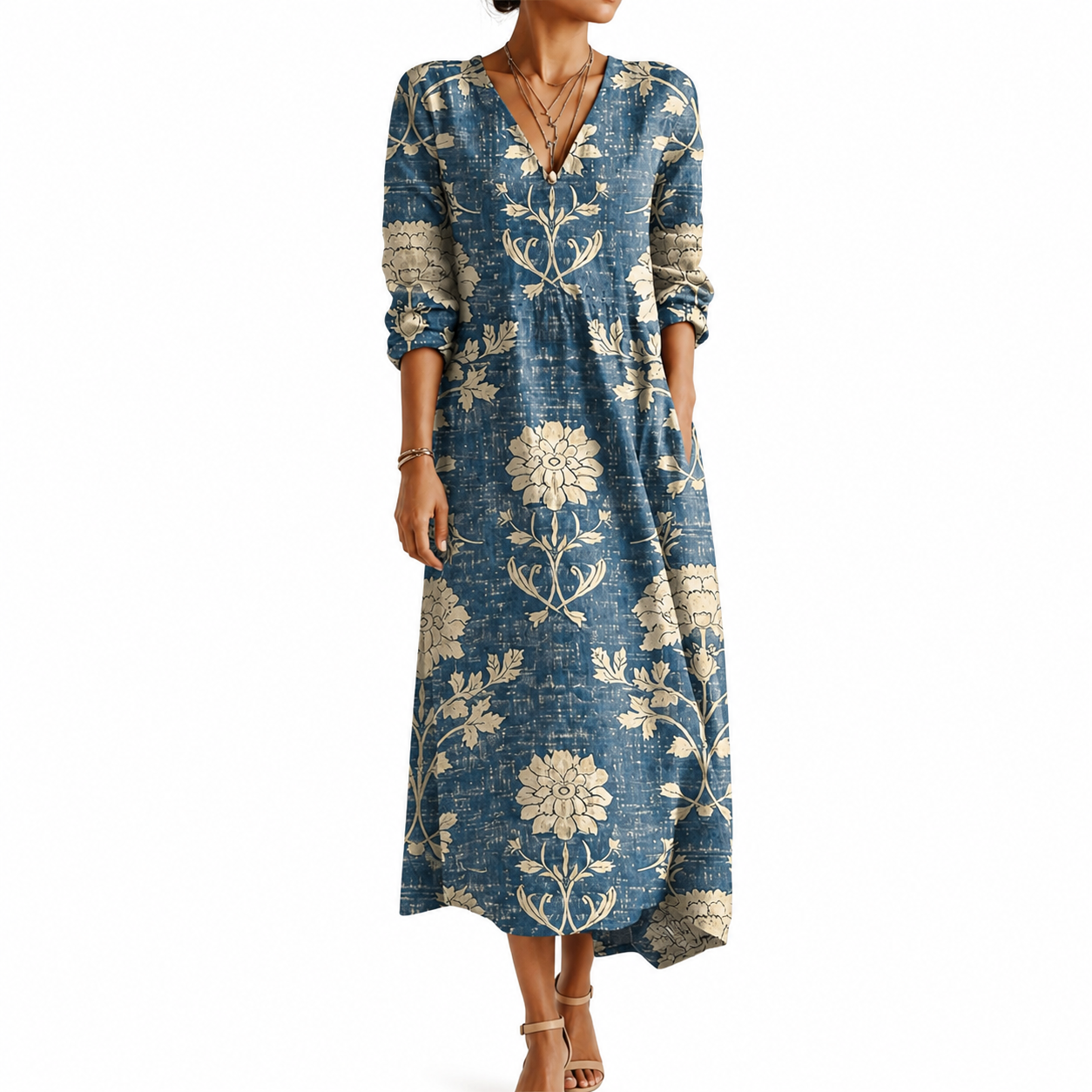 Women's Lightweight Linen Dress – Vintage Abstract Print with Relaxed Fit and Pockets