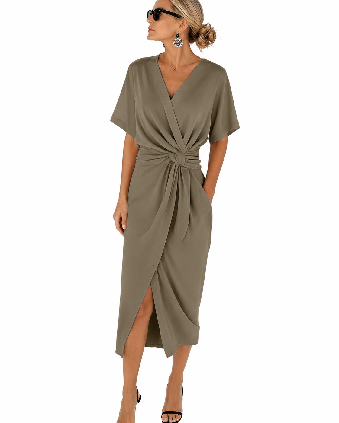 Women's Summer Wrap Dress – V-Neck with Side Slit and Elegant Draping