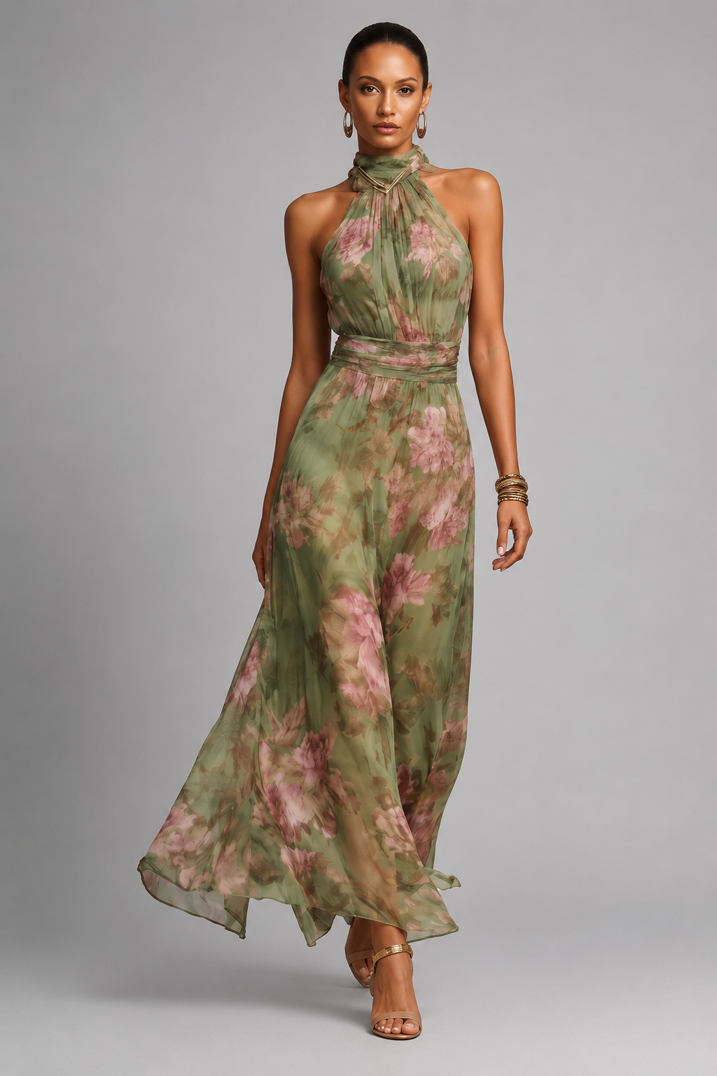 Women's Floral Printed Summer Maxi Dress – Halter Neckline, Defined Waist