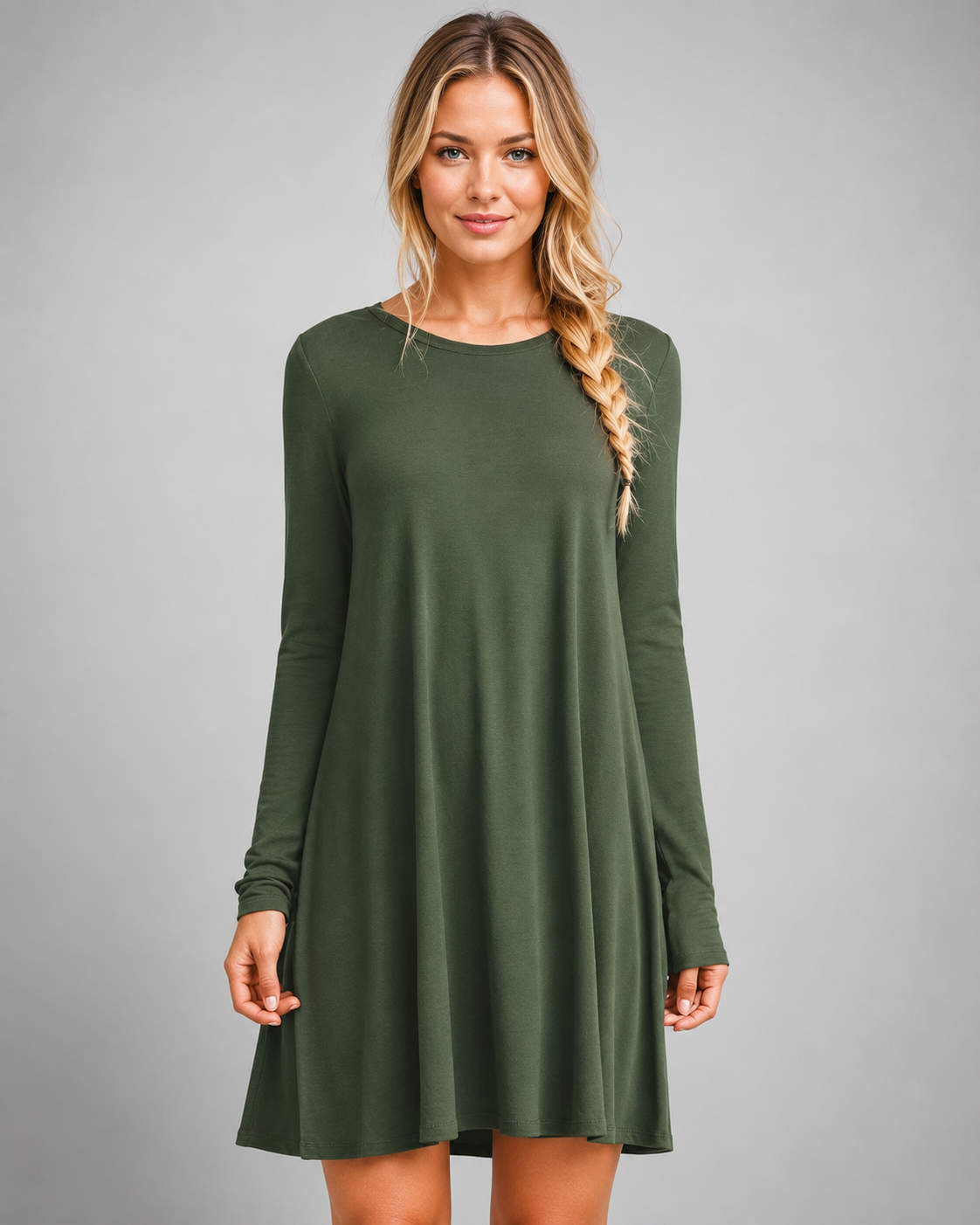 Women's Long Sleeve Pleated Swing Dress – Solid Color Round Neck