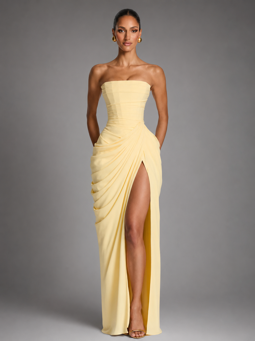 Women's Strapless Maxi Dress – High Slit with Draped Details