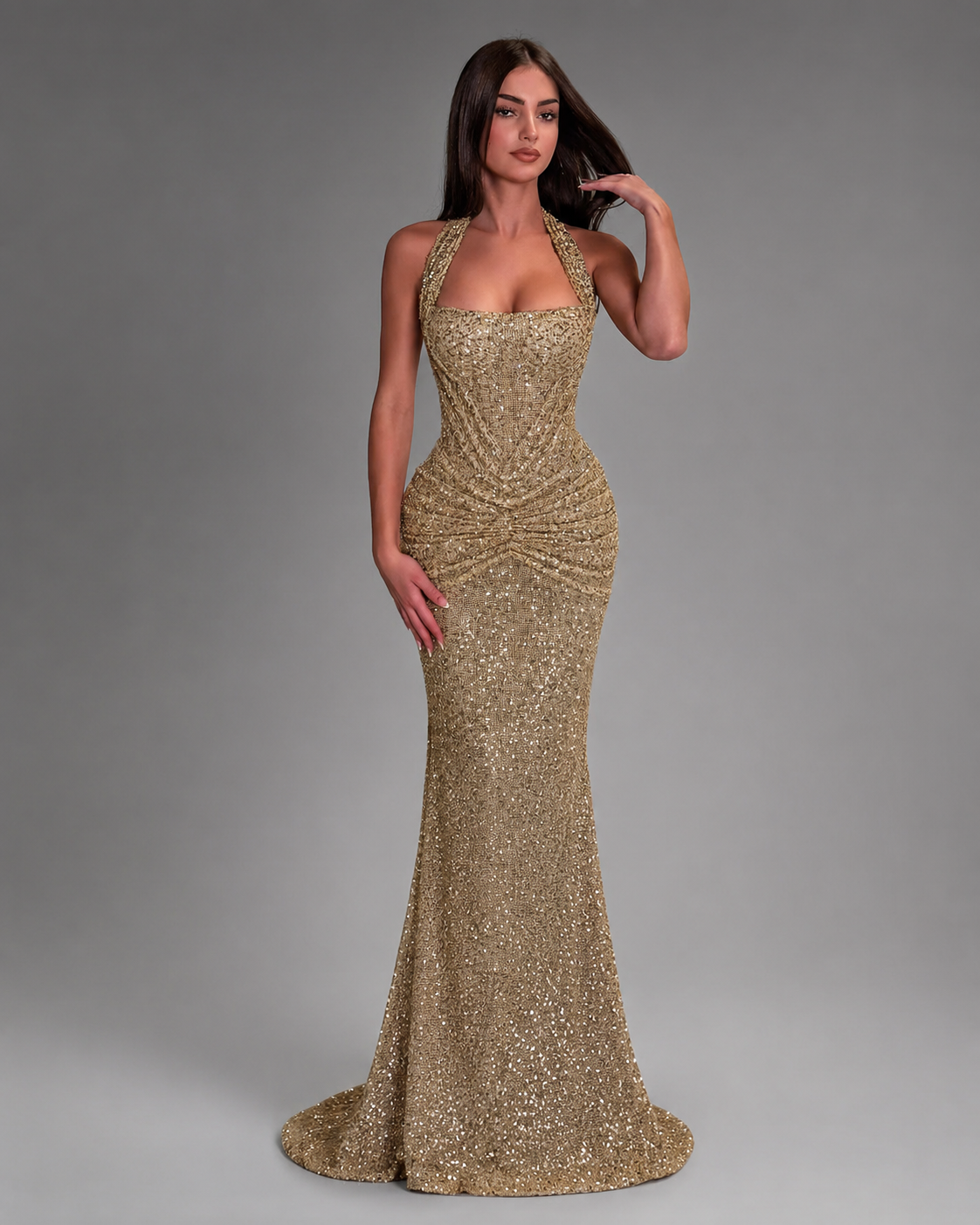 Women's Gold Mermaid Gown – Halter Neckline with Ruching – Formal Dress