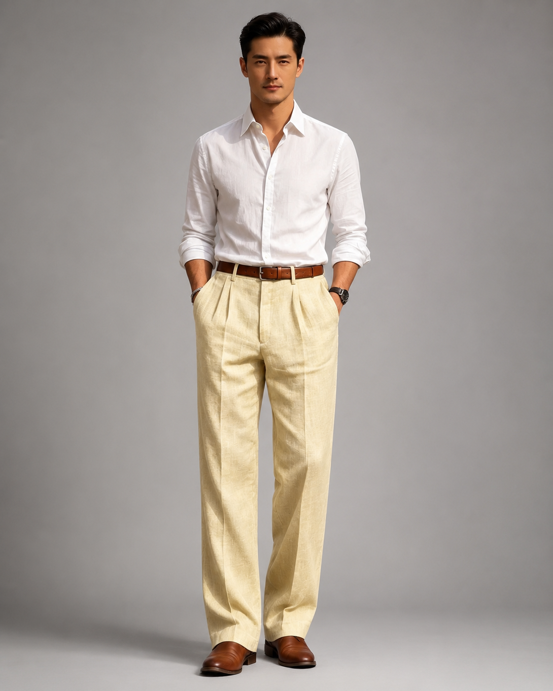 Men's Linen Blend Dress Pants – Pleated High Waist Design with Wide Leg Cut