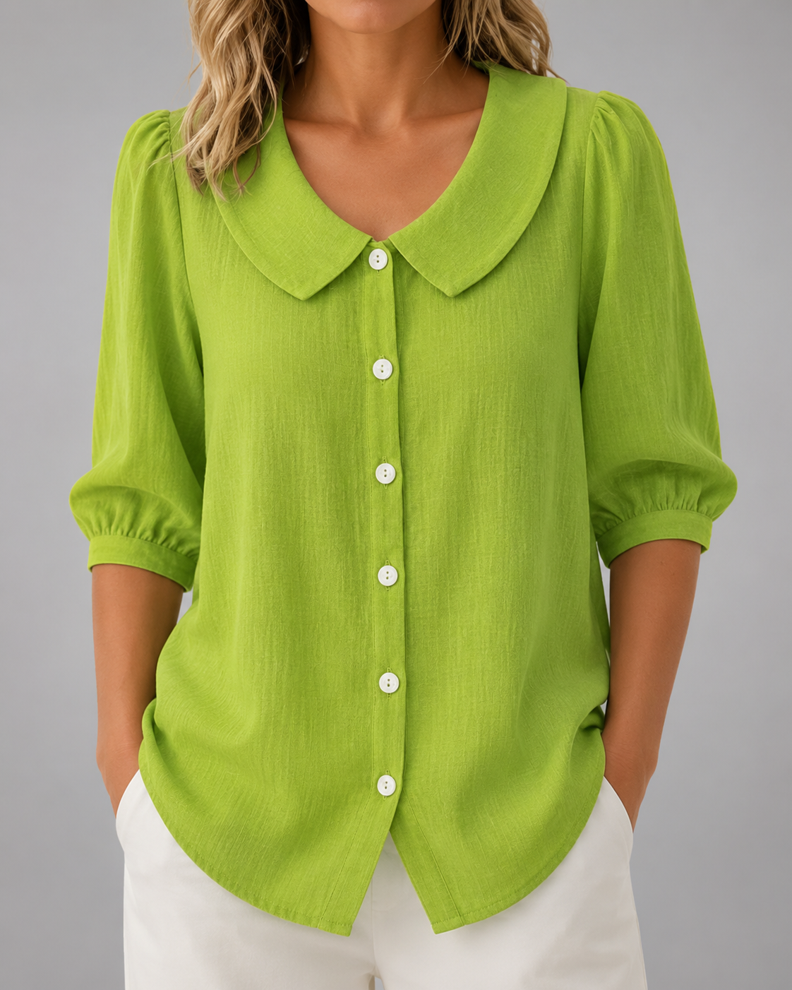Women's Breathable Linen Short Sleeve Top – Relaxed Fit, Collar Neckline