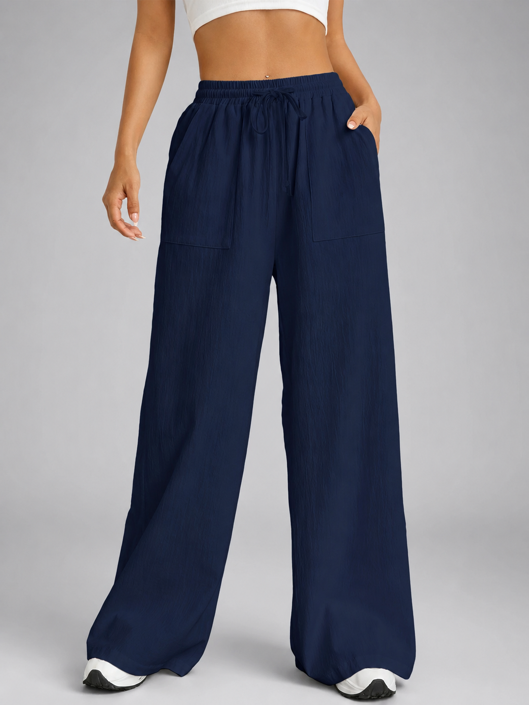 Women's Loose High-Waisted Wide Leg Pants – Drawstring Closure with Pockets
