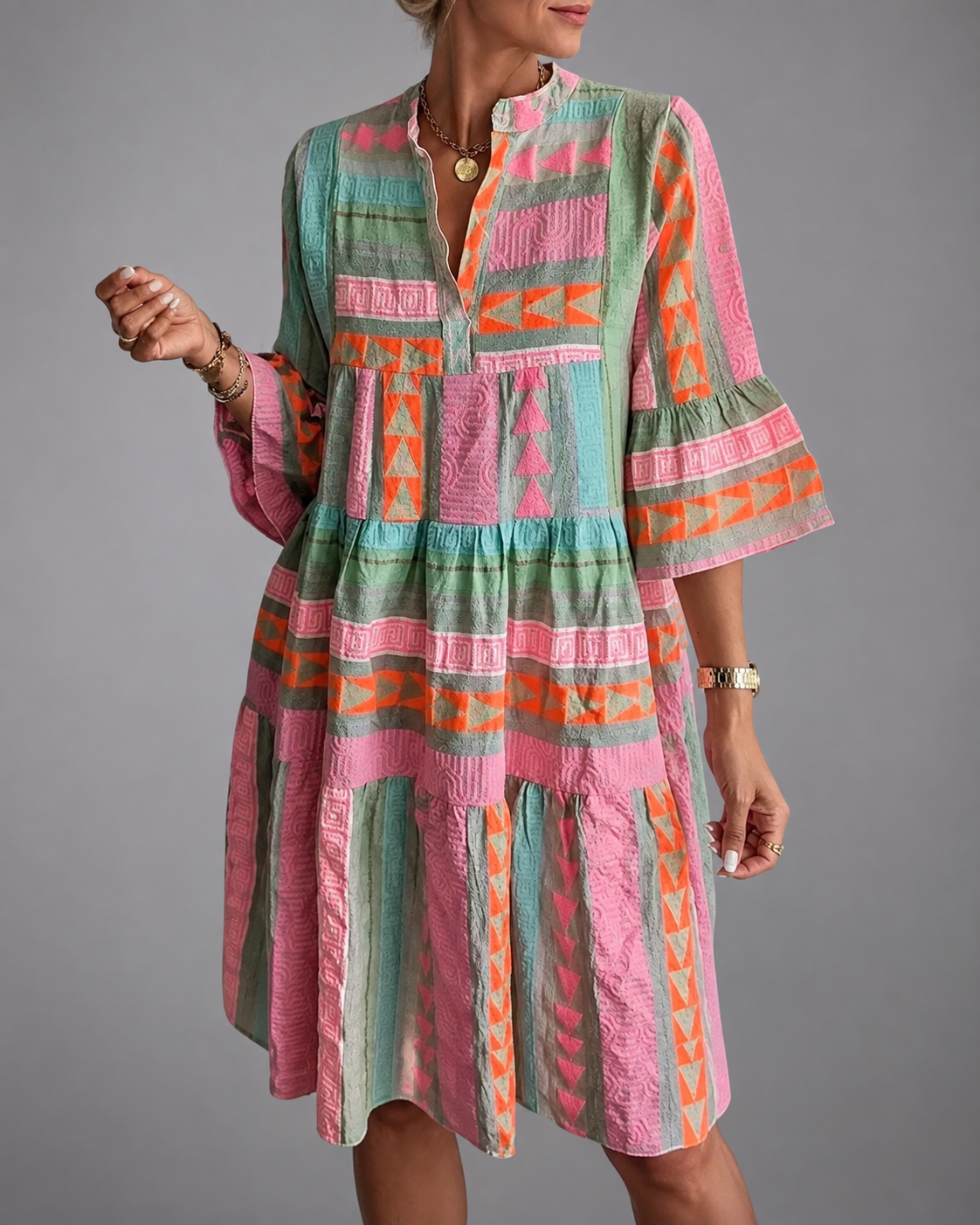 Women's Lightweight Printed V-Neck Dress – Three-Quarter Sleeves, Knee-Length