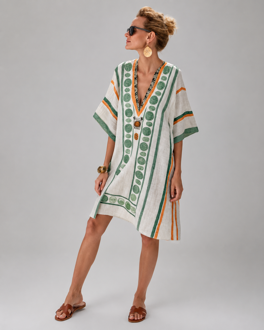 Women's Cotton-Linen Kaftan Dress – Intricate Bohemian Embroidery, Relaxed Fit