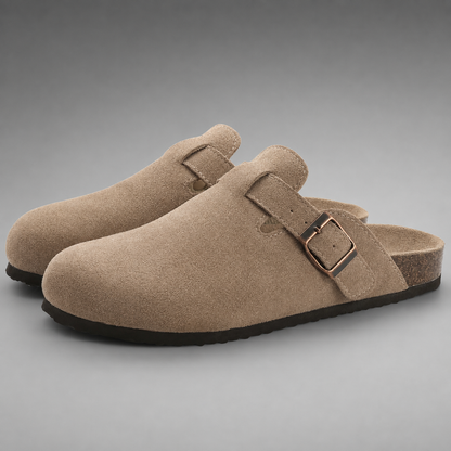 Women's Suede Mules Slippers – Cork Insole with Arch Support