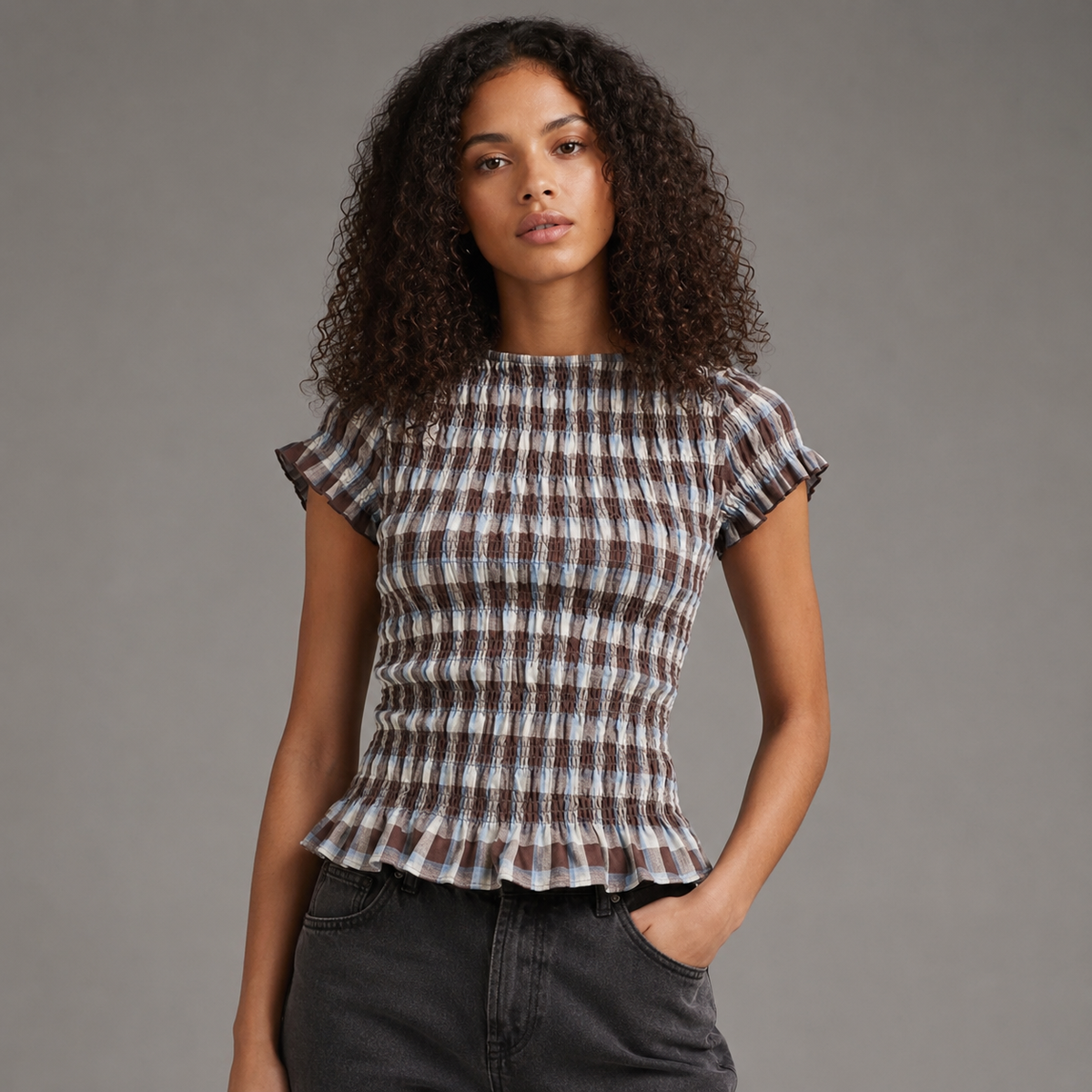 Women's Gingham Smocked Blouse – Slim Fit – Round Neck with Ruffle Short Sleeves – Summer Top