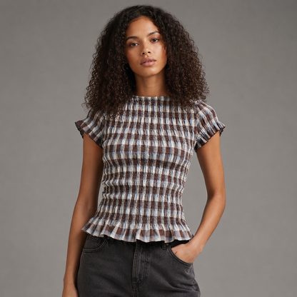 Women's Gingham Smocked Blouse – Slim Fit – Round Neck with Ruffle Short Sleeves – Summer Top