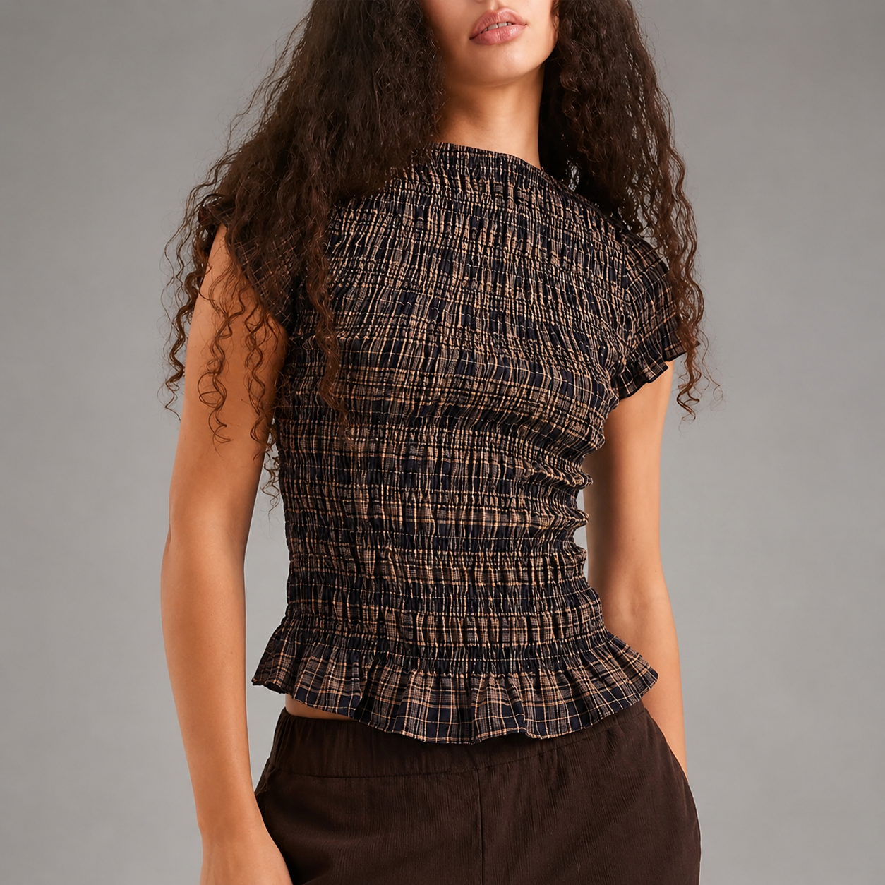 Women's Gingham Smocked Blouse – Slim Fit – Round Neck with Ruffle Short Sleeves – Summer Top