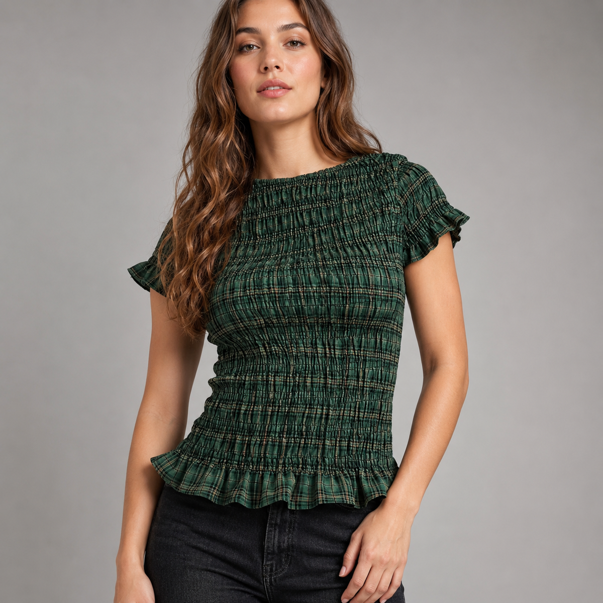 Women's Gingham Smocked Blouse – Slim Fit – Round Neck with Ruffle Short Sleeves – Summer Top