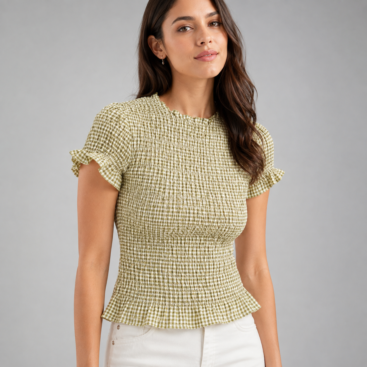 Women's Gingham Smocked Blouse – Slim Fit – Round Neck with Ruffle Short Sleeves – Summer Top