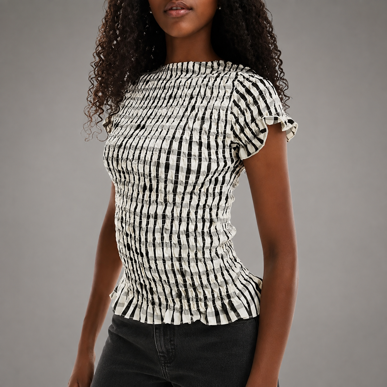 Women's Gingham Smocked Blouse – Slim Fit – Round Neck with Ruffle Short Sleeves – Summer Top