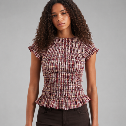 Women's Gingham Smocked Blouse – Slim Fit – Round Neck with Ruffle Short Sleeves – Summer Top
