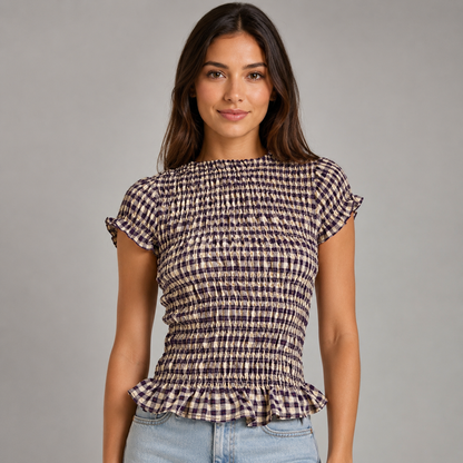 Women's Gingham Smocked Blouse – Slim Fit – Round Neck with Ruffle Short Sleeves – Summer Top