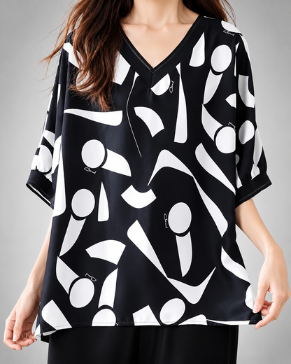 Women's Chiffon Blouse – V-Neck Print with Short Sleeves – Loose Fit for Summer