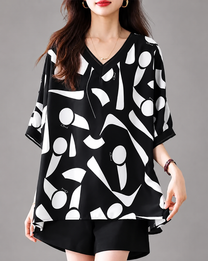 Women's Chiffon Blouse – V-Neck Print with Short Sleeves – Loose Fit for Summer