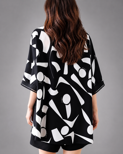 Women's Chiffon Blouse – V-Neck Print with Short Sleeves – Loose Fit for Summer