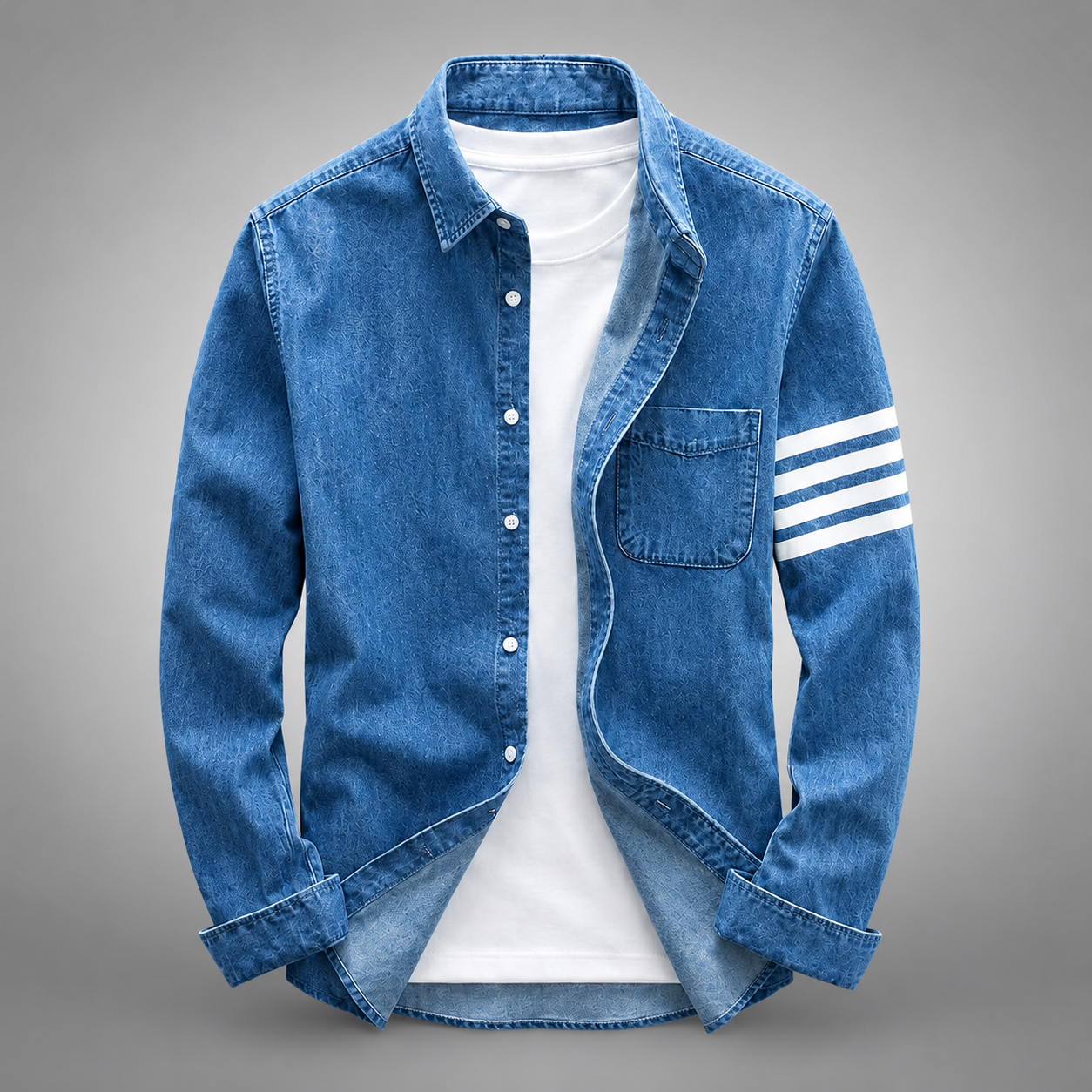 Men's Lightweight Washed Denim Shirt – Slim Tailored Fit with Curved Hem