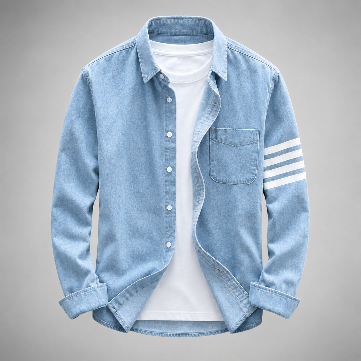 Men's Lightweight Washed Denim Shirt – Slim Tailored Fit with Curved Hem