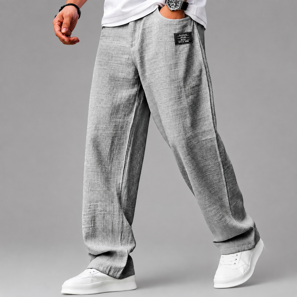 Men's Loose Fit Linen Trousers – Wide Leg Design with Elastic Waistband