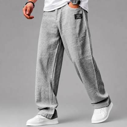 Men's Loose Fit Linen Trousers – Wide Leg Design with Elastic Waistband