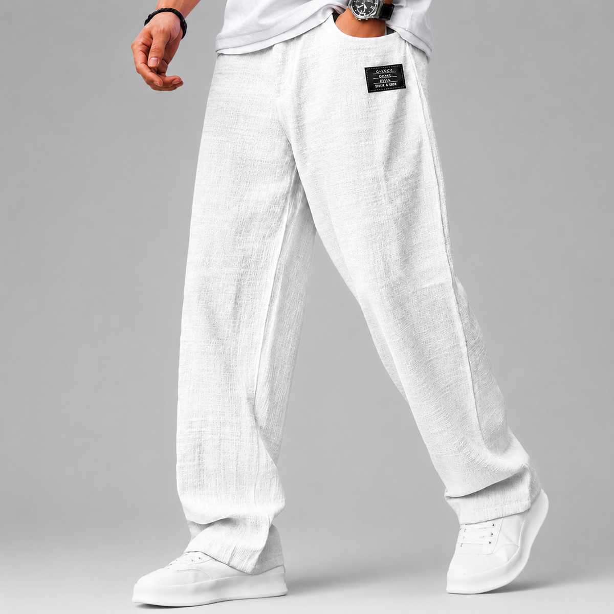 Men's Loose Fit Linen Trousers – Wide Leg Design with Elastic Waistband