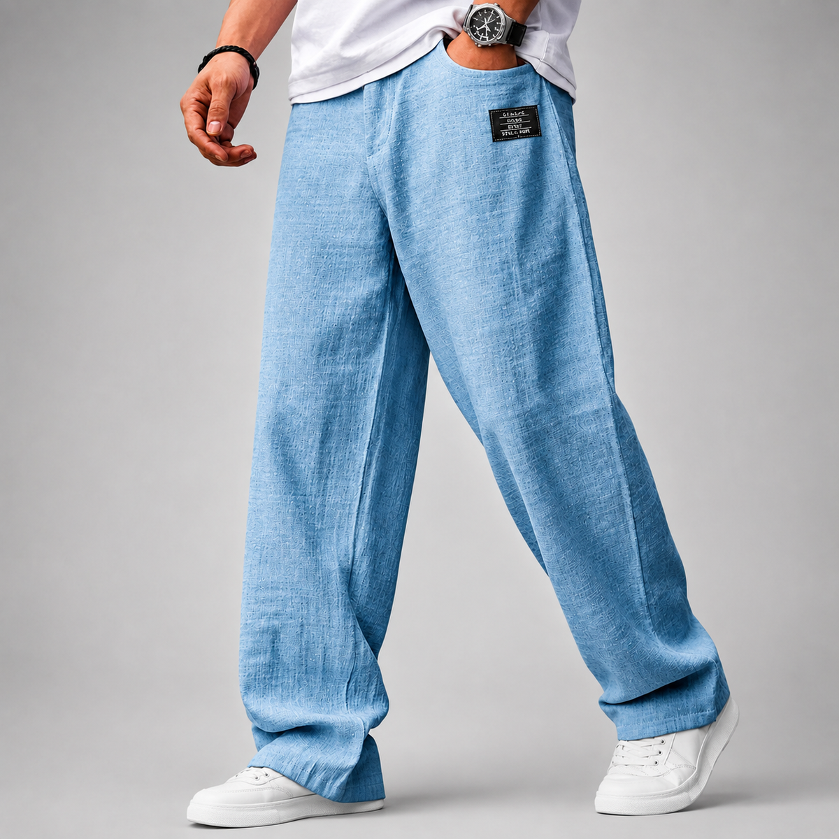 Men's Loose Fit Linen Trousers – Wide Leg Design with Elastic Waistband
