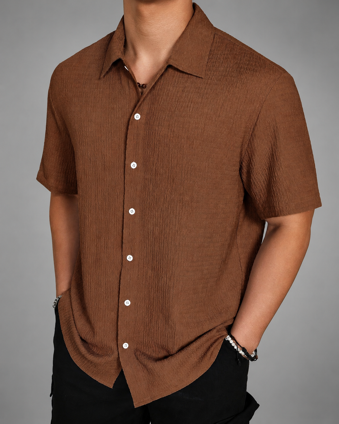 Men's Casual Shirt – Open Cuban Collar with Button Placket – Textured Breathable Fabric