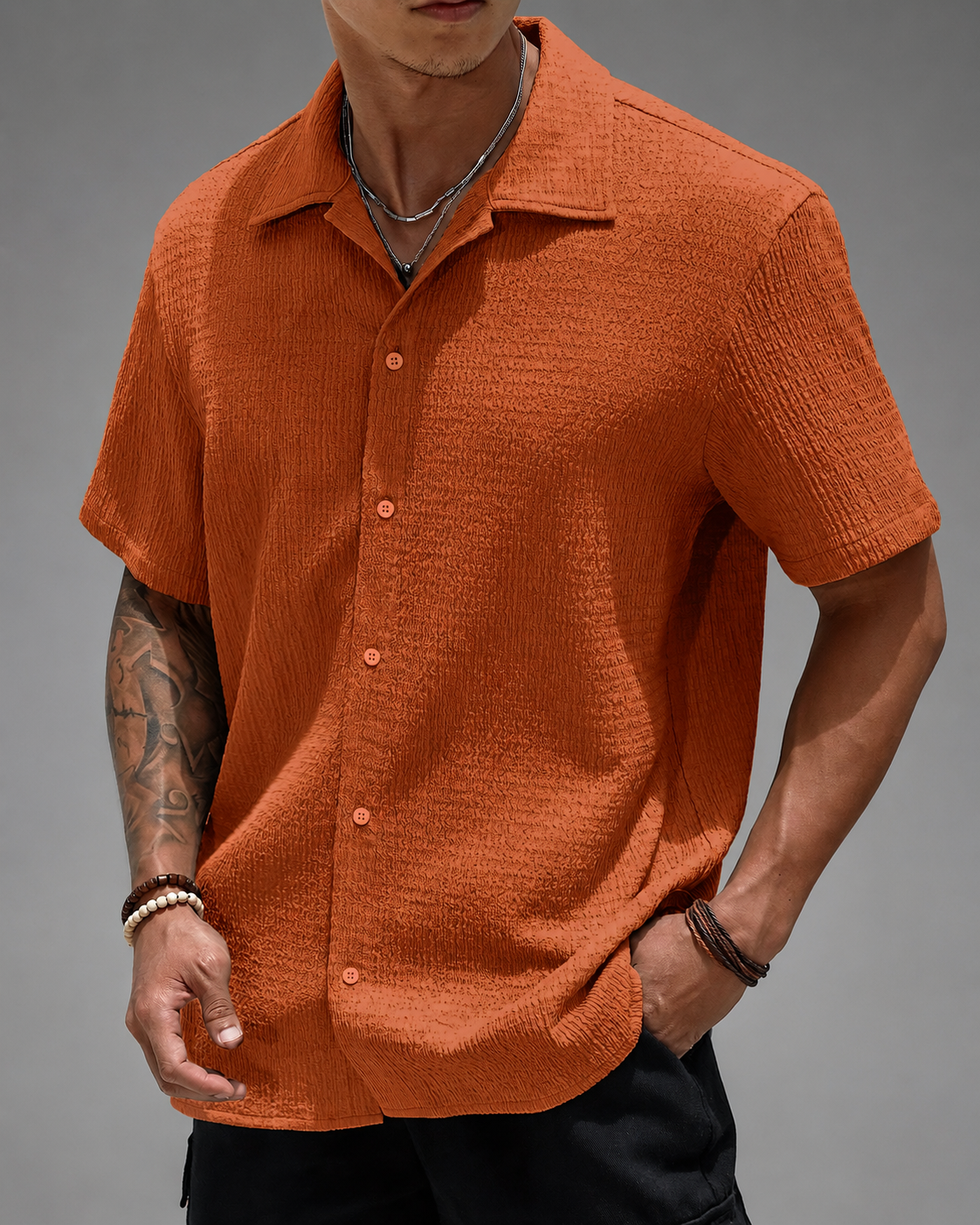 Men's Casual Shirt – Open Cuban Collar with Button Placket – Textured Breathable Fabric