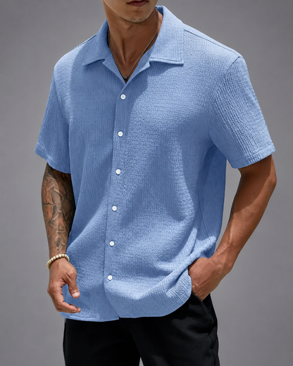 Men's Casual Shirt – Open Cuban Collar with Button Placket – Textured Breathable Fabric
