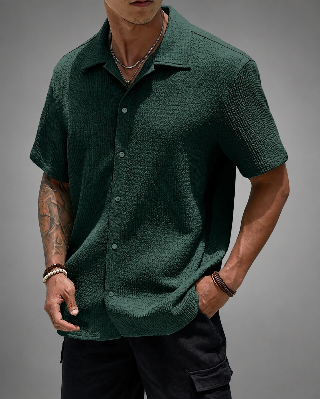 Men's Casual Shirt – Open Cuban Collar with Button Placket – Textured Breathable Fabric