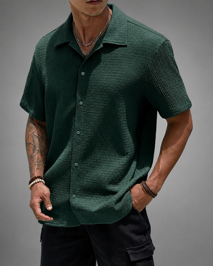 Men's Casual Shirt – Open Cuban Collar with Button Placket – Textured Breathable Fabric
