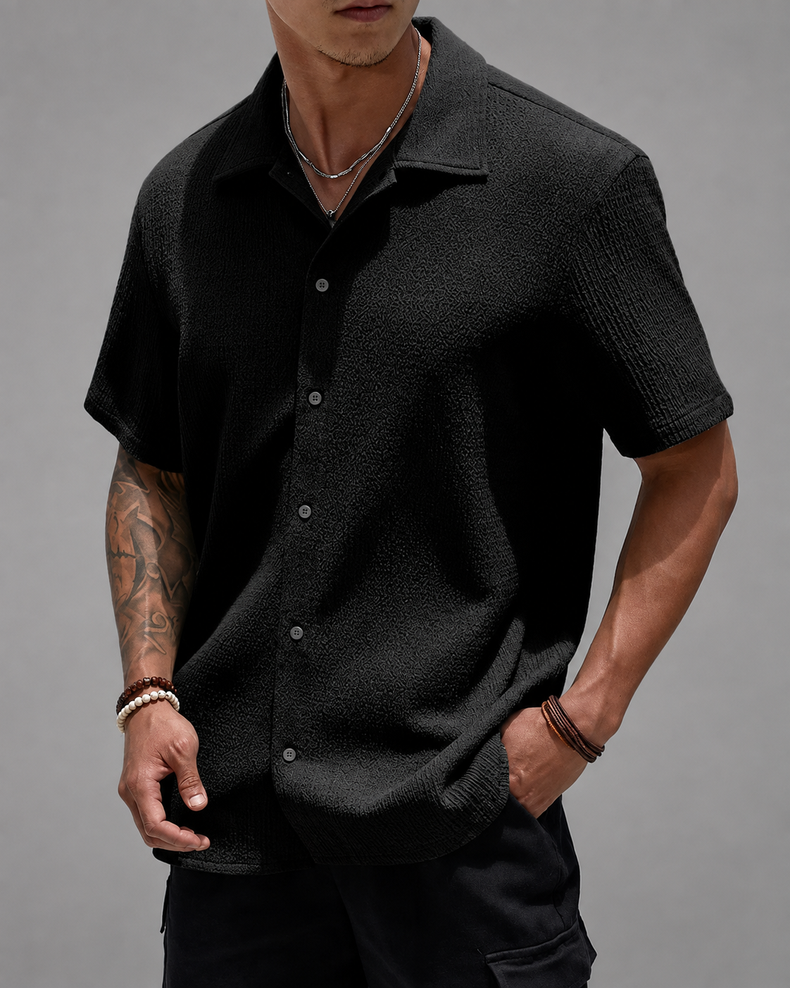 Men's Casual Shirt – Open Cuban Collar with Button Placket – Textured Breathable Fabric