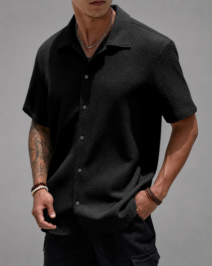 Men's Casual Shirt – Open Cuban Collar with Button Placket – Textured Breathable Fabric