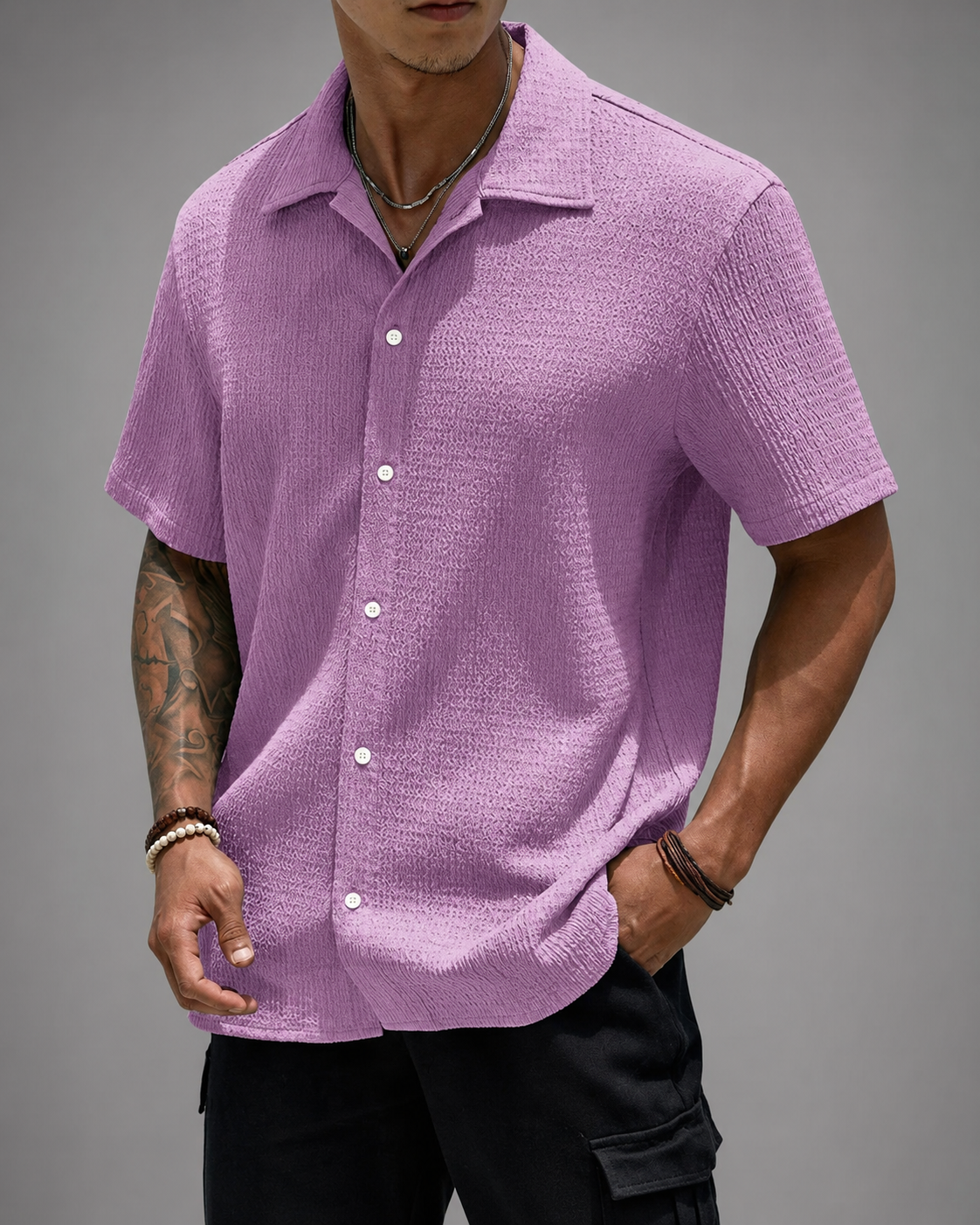 Men's Casual Shirt – Open Cuban Collar with Button Placket – Textured Breathable Fabric
