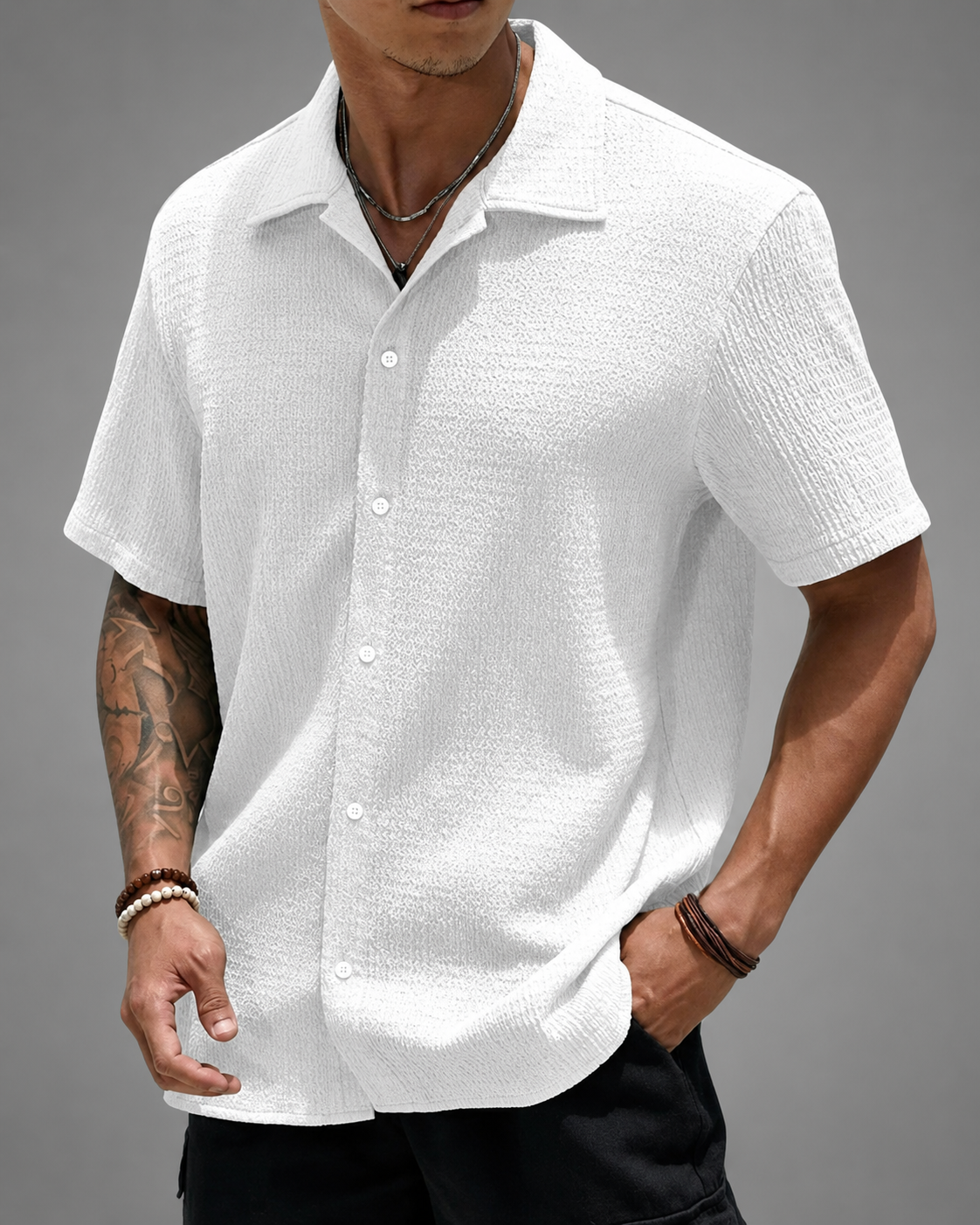 Men's Casual Shirt – Open Cuban Collar with Button Placket – Textured Breathable Fabric