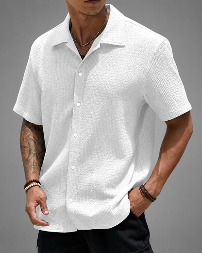 Men's Casual Shirt – Open Cuban Collar with Button Placket – Textured Breathable Fabric