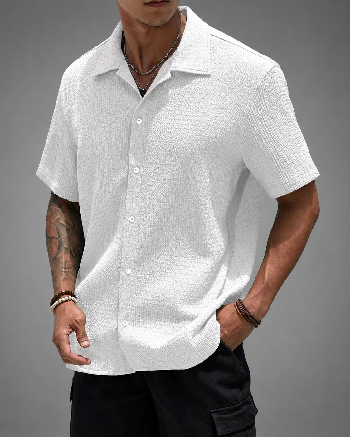 Men's Casual Shirt – Open Cuban Collar with Button Placket – Textured Breathable Fabric