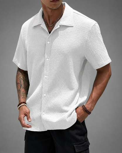 Men's Casual Shirt – Open Cuban Collar with Button Placket – Textured Breathable Fabric